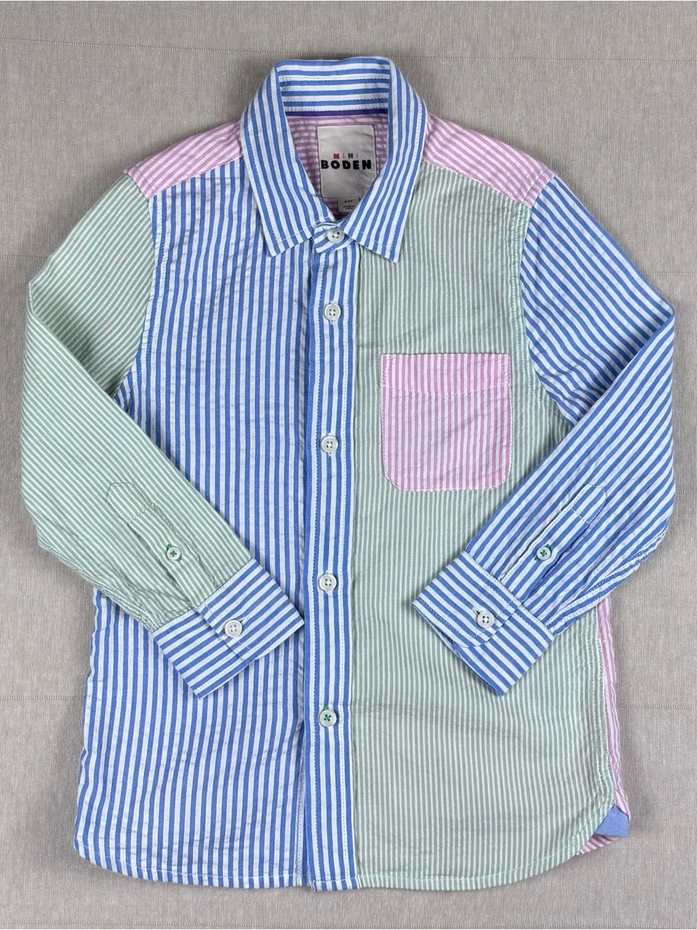 Mini Boden Boys Patchwork Stripe Button Shirt 5-6Y Colorblock Cotton Top